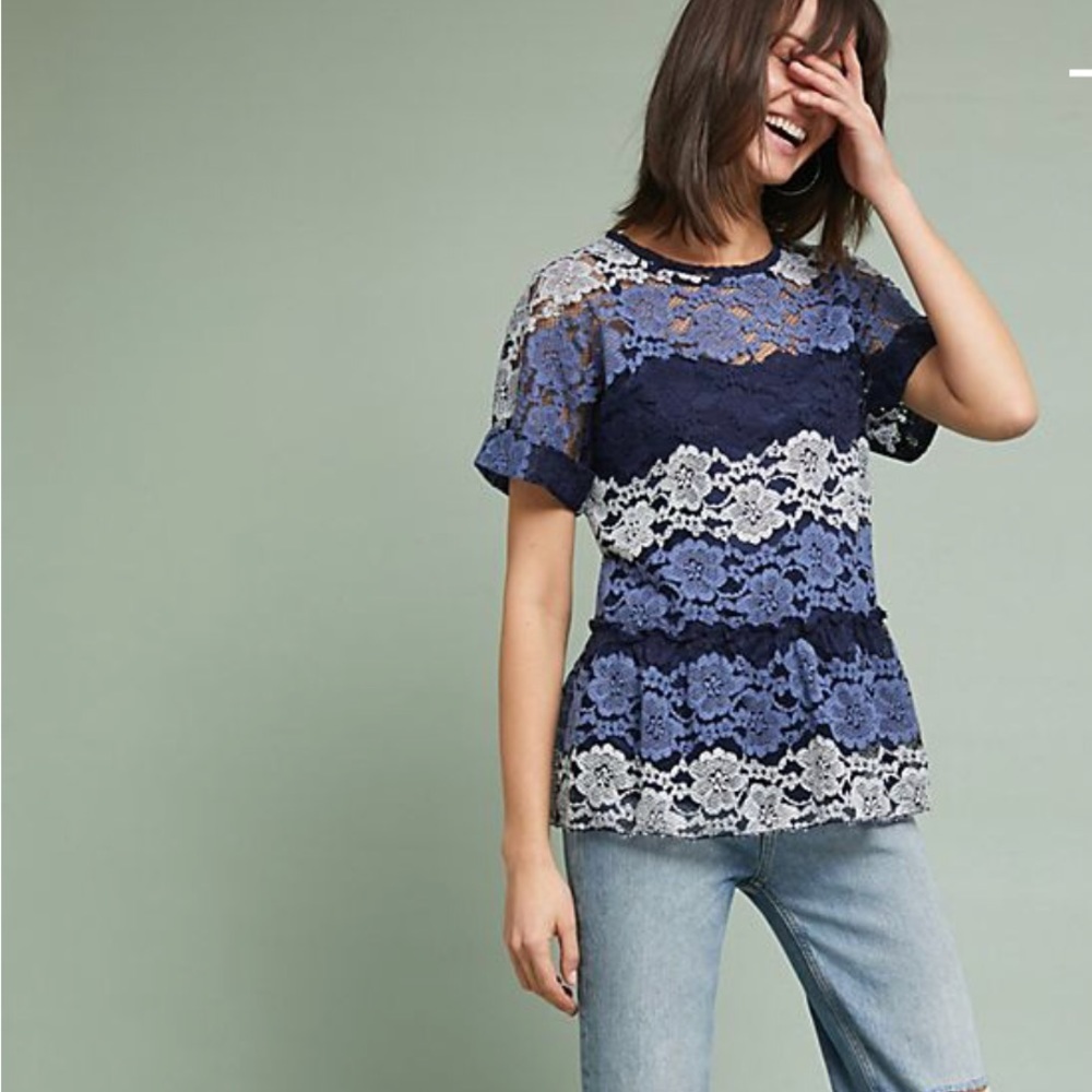 Eva Franco Anthropologie Blue Lace Peplum Top - Picture 3 of 6